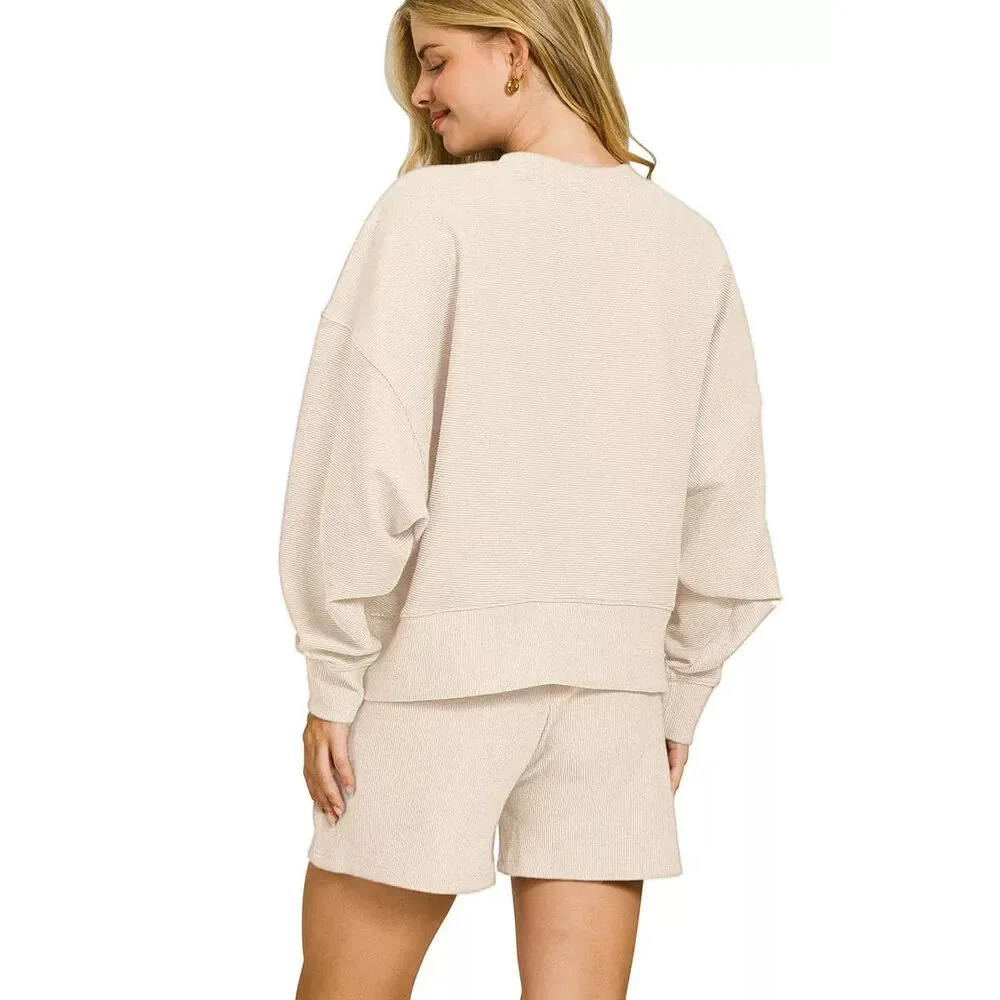 Zenana Ribbed Round Neck Pullover and Shorts Set